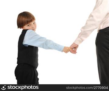 little boy holds his father&rsquo;s hand Isolated on white background