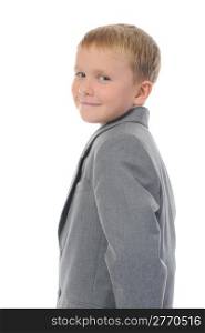 Little boy in a business suit. Isolated on white