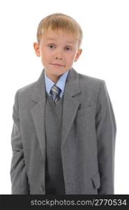 Little boy in a business suit. Isolated on white background