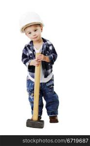 Little boy in a helmet with a sledge hammer on the white background