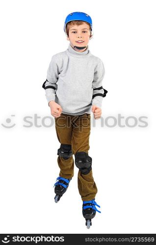 little boy in blue helmet smiling and rollerblading isolated on white
