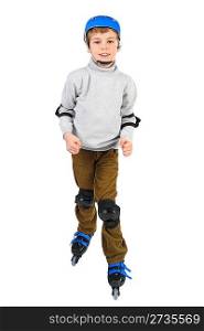 little boy in blue helmet smiling and rollerblading isolated on white
