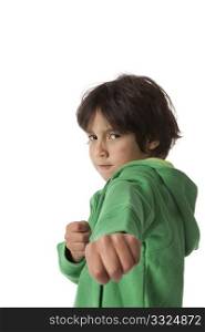 Little boy in fighting position and negative space for text
