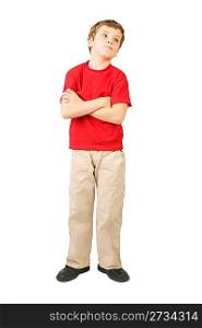 little boy in red shirt crossed hands standing on white background