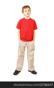 little boy in red shirt hands in pockets open mouth standing on white background
