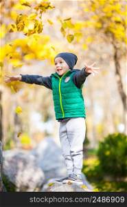 little boy in the park standing on a stone throws yellow leaves of trees in autumn. little boy in the autumn park
