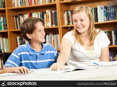 Little boy in wheelchair is tutored by a teenage girl, in the school library.