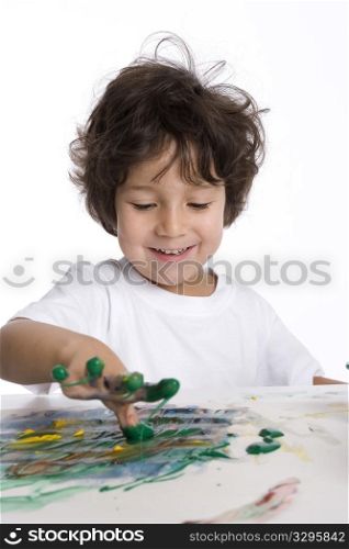 Little Boy Is Making A Finger- Painting