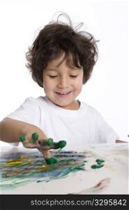 Little Boy Is Making A Finger- Painting