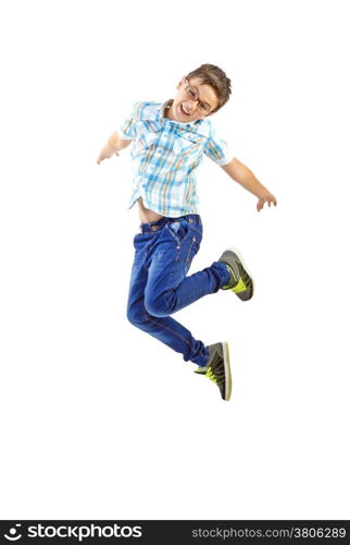 little boy jumping on isolated white background