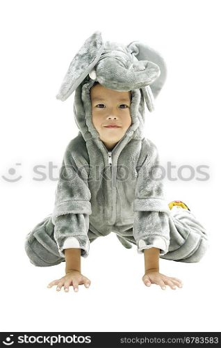 Little boy kneeling while wearing elephant clothing