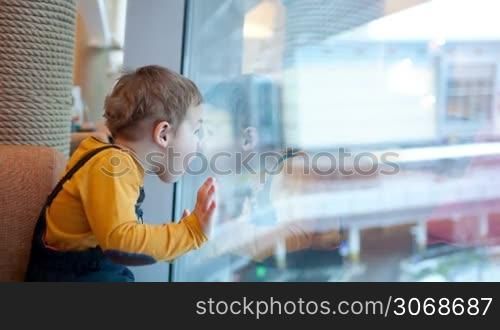 Little boy looking out the window being surprised and pointing somewhere