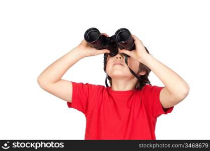 Little boy looking through binoculars isolated on white background