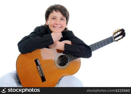 Little boy musician playing on acoustic guitar. Isolated on a white background