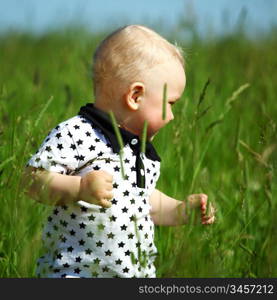 little boy play in green grass