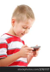 Little boy playing games on smartphone or reading a text message isolated on white background