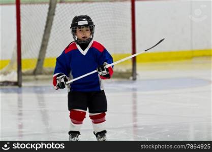 Little boy playing ice hockey in an arena