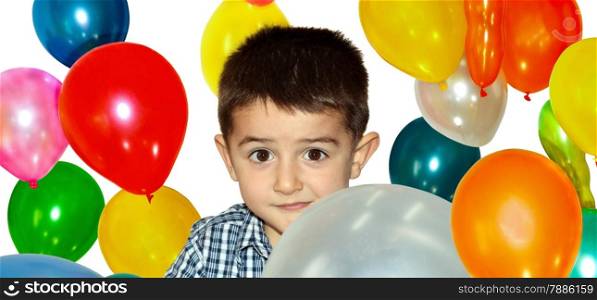 Little boy playing with colorful balloons