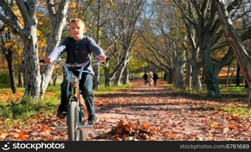little boy riding his bike on a sunny autumn day