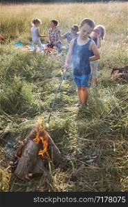 Little boy roasting marshmallow over a campfire. Family spending time together on a meadow, close to nature. Parents and children sitting on a blanket on grass. Candid people, real moments, authentic situations