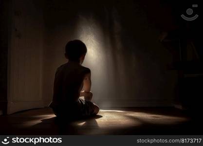 Little boy sitting alone in the dark. Interior fear. Generate Ai. Little boy sitting alone in the dark. Interior fear