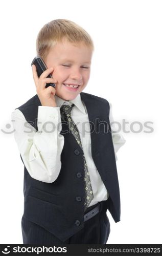 Little boy talking on the phone. Isolated on white background