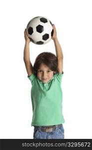 Little boy throwing a soccer ball on white background