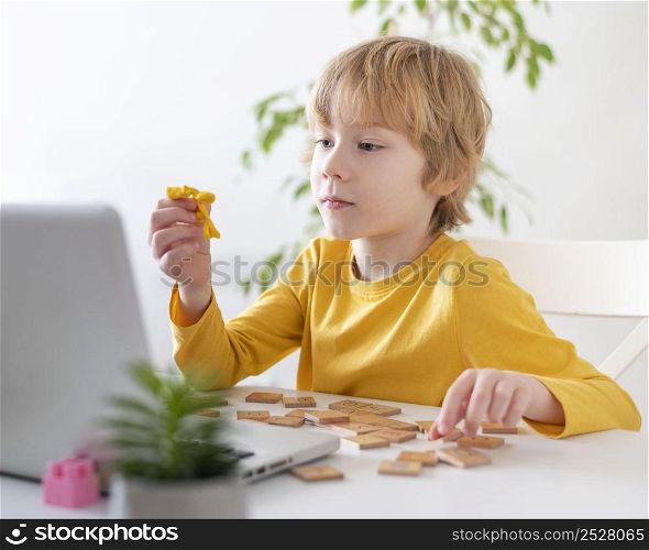 little boy using laptop home