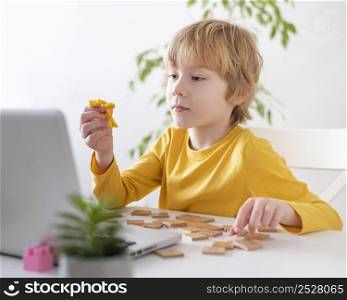 little boy using laptop home