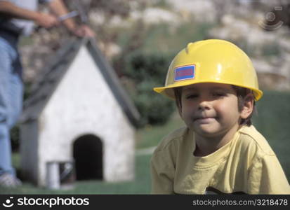 Little Boy Wearing a Hard Hat