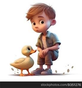 Little boy with a duck on a white background. 3d rendering