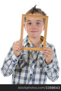 little boy with a frame in his hands. Isolated on a white background