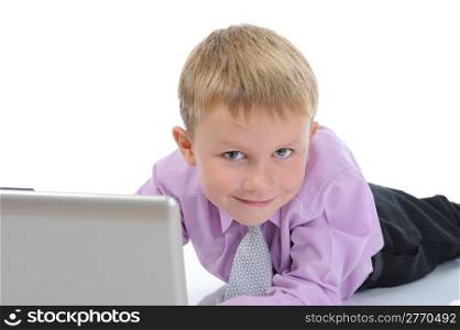 little boy with a laptop. Isolated on white background