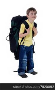 Little boy with a large tourist backpack on the white background. (isolated)