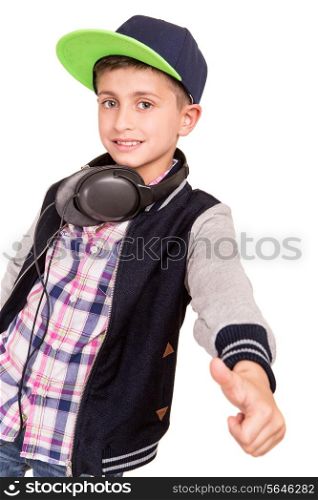 Little boy with headphones doing thumbs up