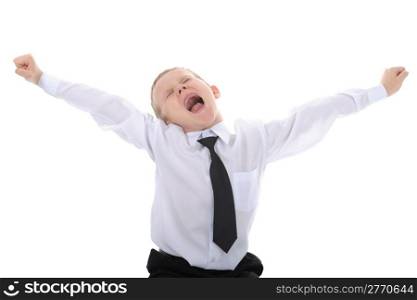 little boy with no front teeth, screams of delight. Isolated on white background