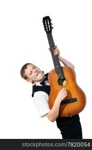 little Boy with old guitar on the white background