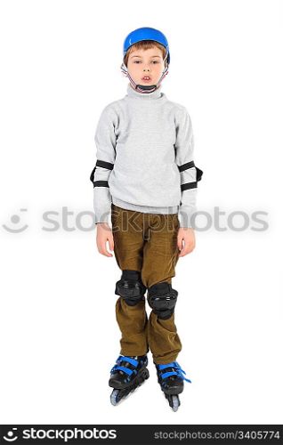 little boy with opened mouth in blue helmet rollerblading isolated on white