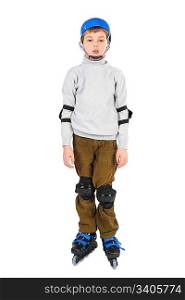 little boy with opened mouth in blue helmet rollerblading isolated on white