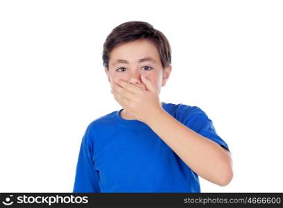 Little boy with ten years old covering his mouth isolated on a white background