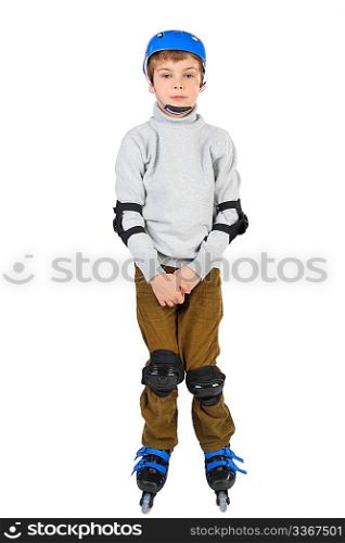 little boy with with crossed hands in blue helmet rollerblading isolated on white
