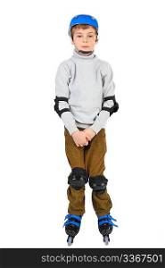 little boy with with crossed hands in blue helmet rollerblading isolated on white