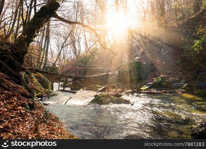 Little bridge through the mountain river in autumn