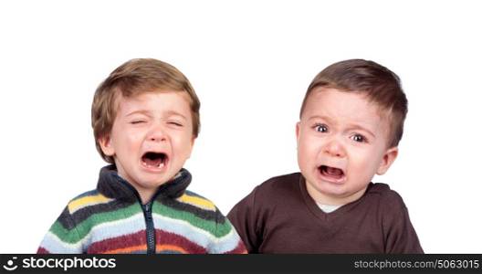 Little brothers crying isolated on a white background