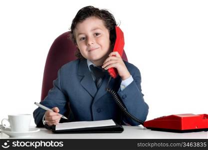 Little businessman in the office isolated over white