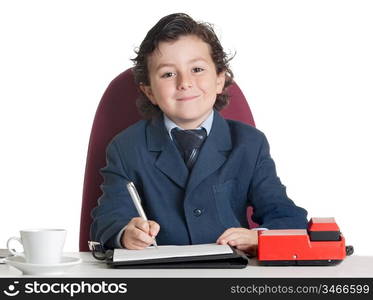 Little businessman in the office isolated over white