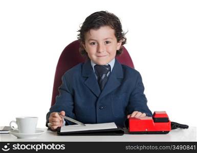 Little businessman in the office isolated over white