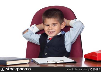Little businessman relaxed in the office isolated on a over white background