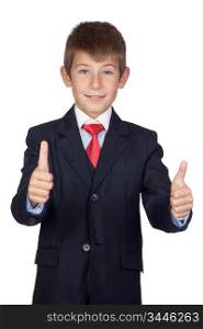 Little businessman saying Ok isolated on a over white background