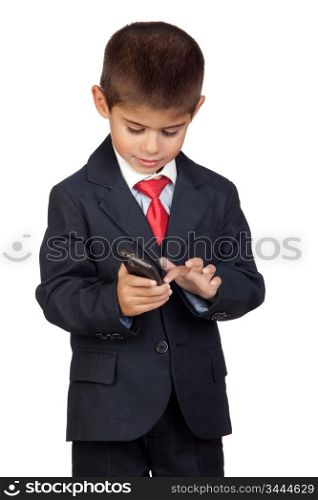 Little businessman sending a message with a mobile phone isolated on a over white background